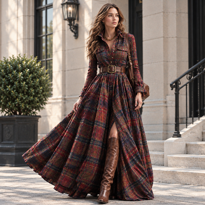 Long-Sleeved Dress Fashion Pockets Collared Buttons Shirt Long Dresses Retro Women's Clothing