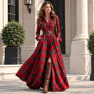 Long-Sleeved Dress Fashion Pockets Collared Buttons Shirt Long Dresses Retro Women's Clothing