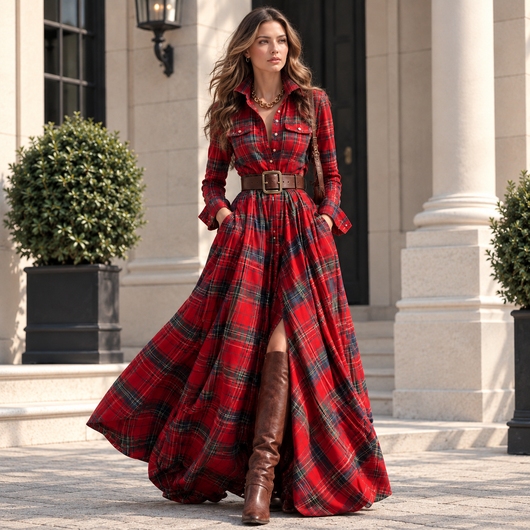 Long-Sleeved Dress Fashion Pockets Collared Buttons Shirt Long Dresses Retro Women's Clothing