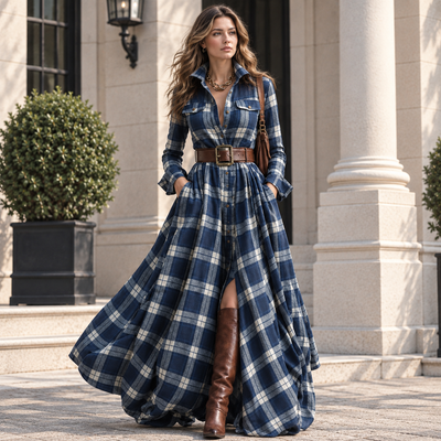 Long-Sleeved Dress Fashion Pockets Collared Buttons Shirt Long Dresses Retro Women's Clothing