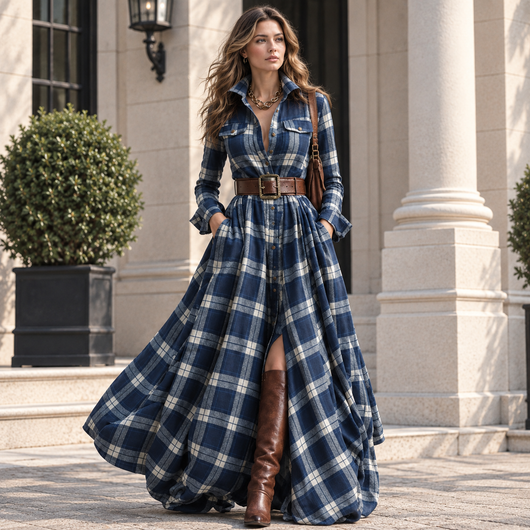 Long-Sleeved Dress Fashion Pockets Collared Buttons Shirt Long Dresses Retro Women's Clothing