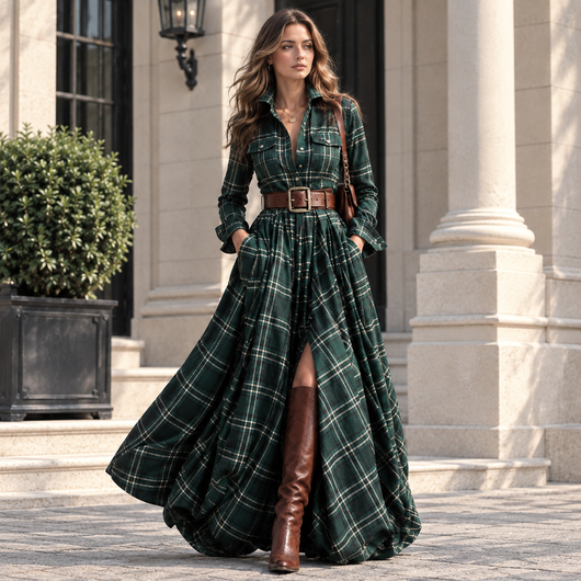 Long-Sleeved Dress Fashion Pockets Collared Buttons Shirt Long Dresses Retro Women's Clothing