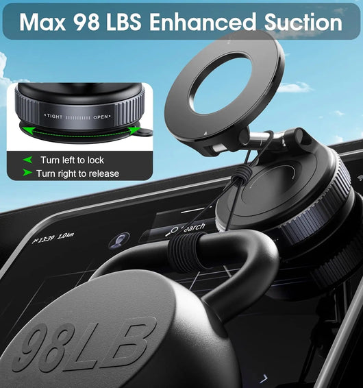Car mount with enhanced suction feature and '98LB' label on a car dashboard.